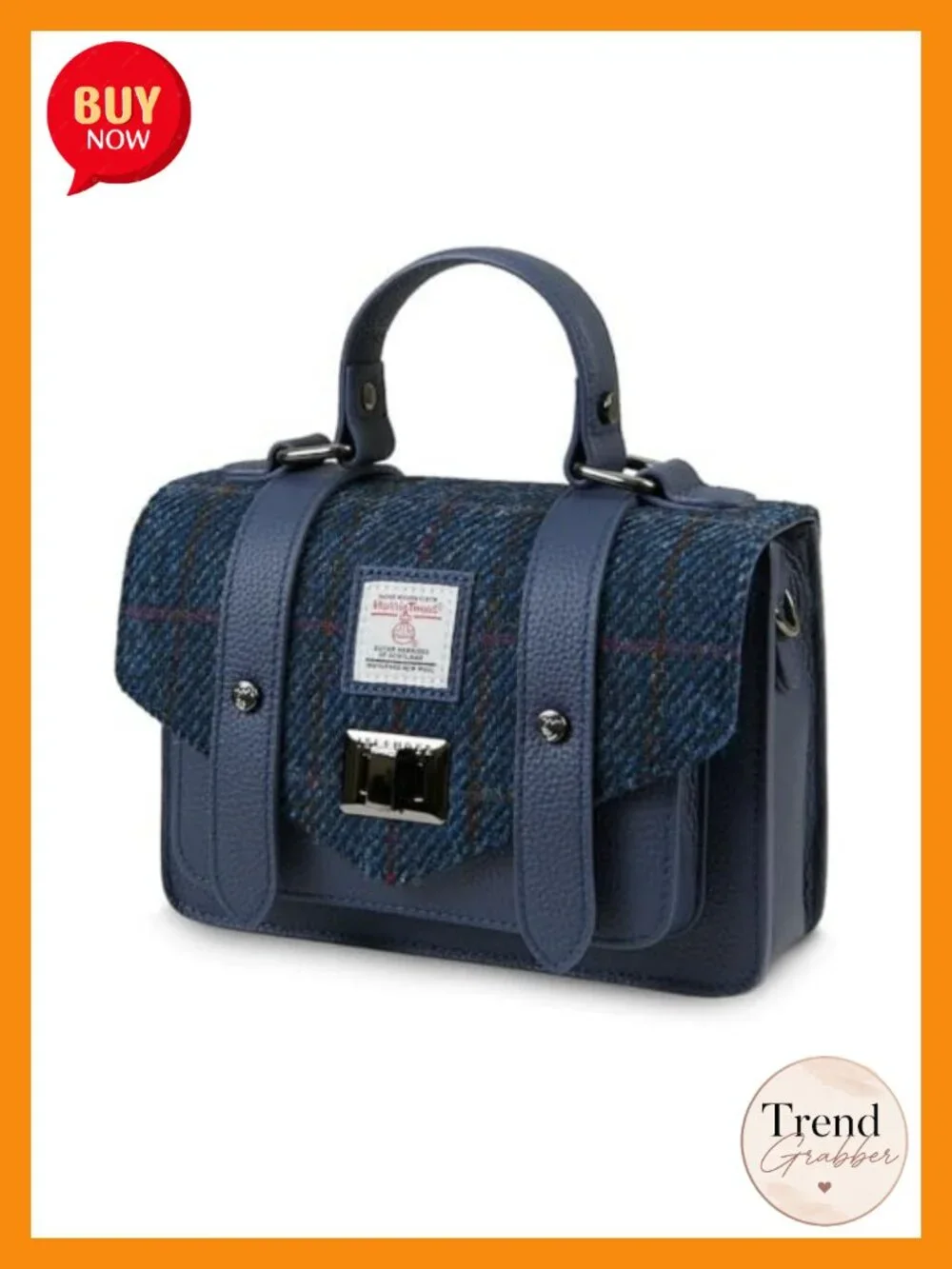 Genuine Leather & Harris Tweed Satchel Bag, Adjustable Strap, Twist Lock